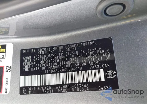 2025 Toyota Camry Se from USA, damaged, VIN 4T1DAACK0SU504010